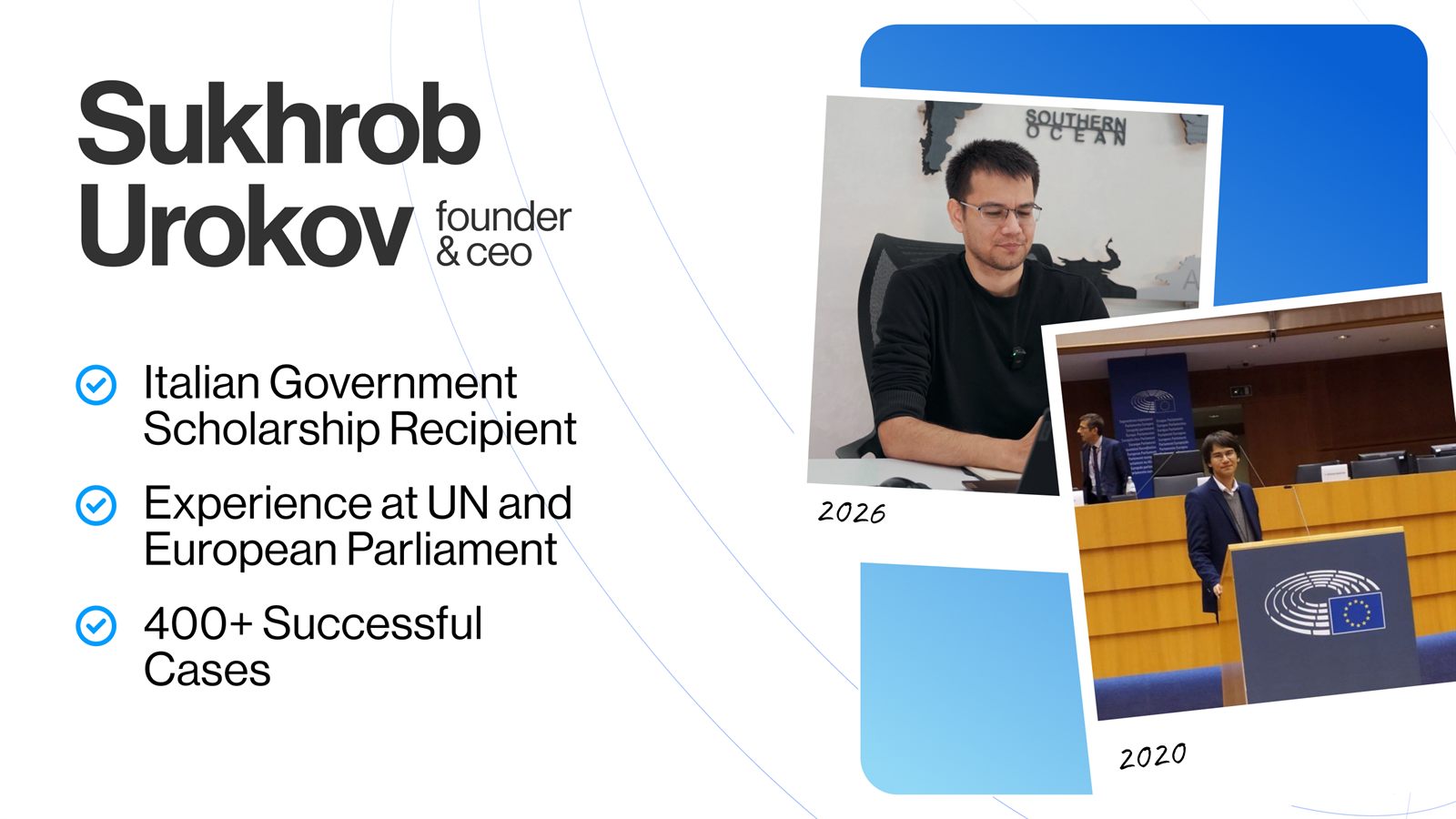 Sukhrob Urokov, founder & CEO — Italian Government scholarship recipient, experience at the UN and European Parliament, 400+ successful cases